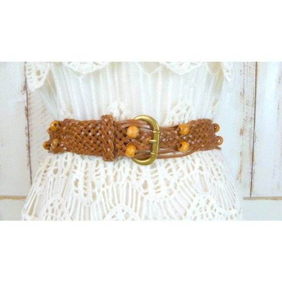 Vintage woven brown leather beaded boho / hippie belt / Huarache braided belt main image 4